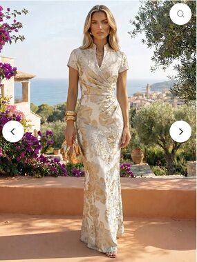Shiree Elegant Champagne/Gold Floral Wrap Maxi Dress - Women
